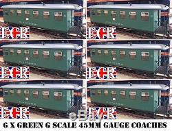 6 YES SIX G SCALE 45mm GAUGE RAILWAY PASSENGER CARRIAGE GREEN GARDEN COACH TRAIN
